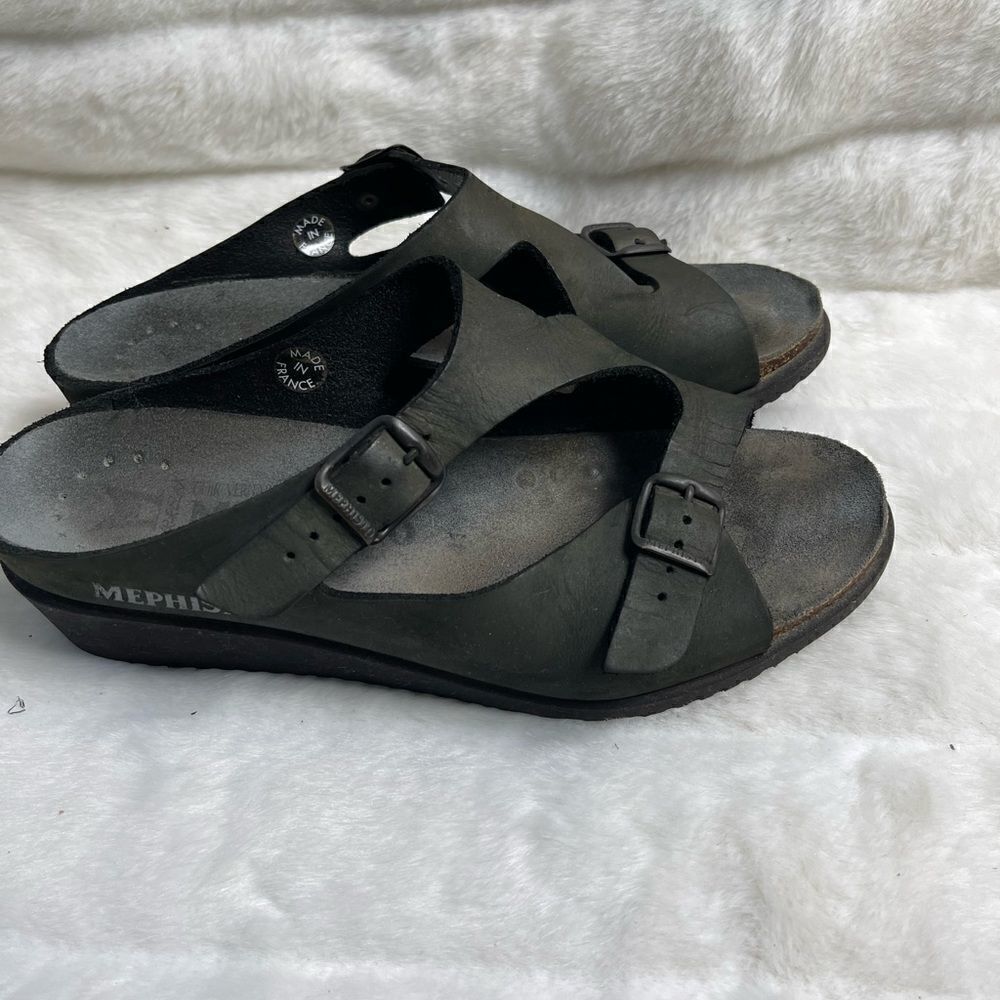 Mephisto black leather Air relax mobils wedge straps sandals side buckle…